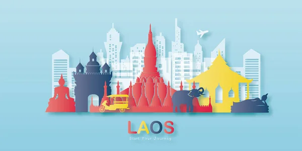 Laos Reisepostkarte Plakat Tourenwerbung Von Weltberühmten Sehenswürdigkeiten Scherenschnitt Stil Vektoren — Stockvektor