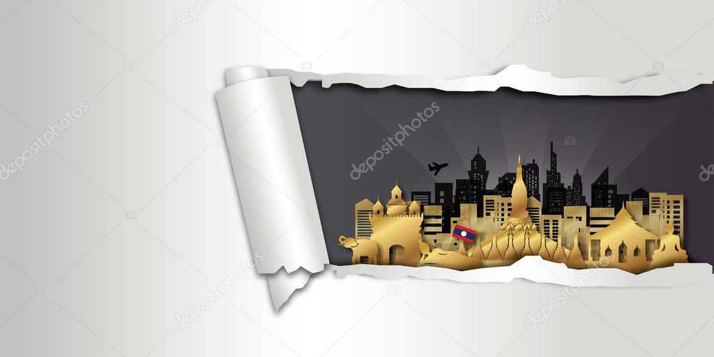 Travel Laos postcard, poster, tour advertising of world famous landmarks in paper cut style. Vectors illustrations