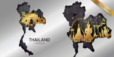 Tayland Seyahat kartpostalı, reklam, poster, dünyaca ünlü kağıt kesim stili simgelerinin tanıtımı. Vektör illüstrasyonları