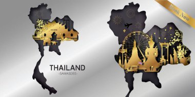 Thailand Travel postcard,advertisement, poster, tour advertising of world famous landmarks in paper cut style. Vectors illustrations clipart