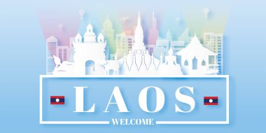 Seyahat Laos kartpostalı, poster, kağıt kesim tarzında dünyaca ünlü simgelerin tanıtım turu. Vektör illüstrasyonları