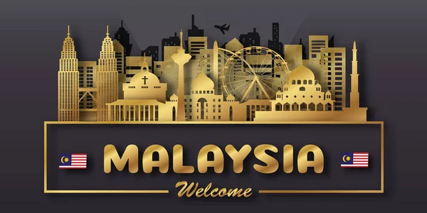 Malezya Seyahat Kartpostalı Poster Dünyaca Ünlü Kağıt Kesim Stili Simgelerinin — Stok Vektör