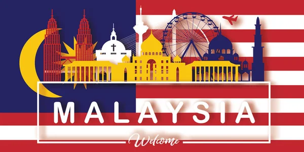 Malasia Tarjeta Postal Viaje Póster Tour Publicidad Monumentos Fama Mundial — Vector de stock