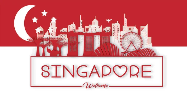 Singapur Tarjeta Postal Viaje Póster Tour Publicidad Monumentos Fama Mundial — Vector de stock