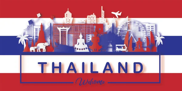 旅游泰国明信片 世界著名地标旅游广告剪纸风格 矢量图解 — 图库矢量图片