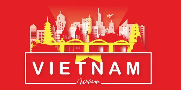 越南旅游明信片 世界著名地标旅游广告剪纸风格 矢量图解 — 图库矢量图片