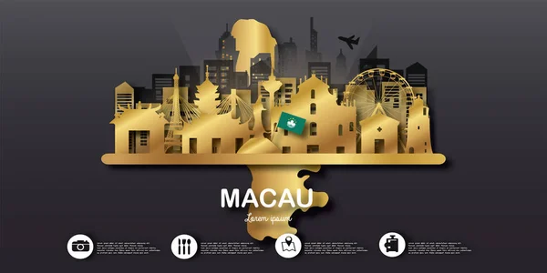 Makaó Utazási Képeslap Plakát Világhírű Nevezetességek Idegenforgalmi Hirdetése Papírvágásos Stílusban — Stock Vector