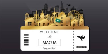 Macau Travel panorama postcard, poster, tour advertising of world famous landmarks in paper cut style. Vectors illustrations clipart