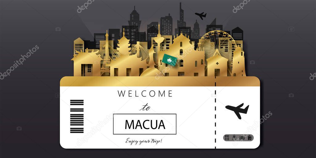 Macau Travel panorama postcard, poster, tour advertising of world famous landmarks in paper cut style. Vectors illustrations