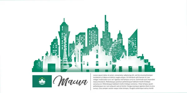 Macau Travel Panorama Postcard Poster Tour Advertising World Famous Landmarks — 图库矢量图片