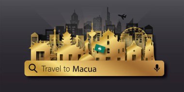 Macau Travel panorama postcard, poster, tour advertising of world famous landmarks in paper cut style. Vectors illustrations