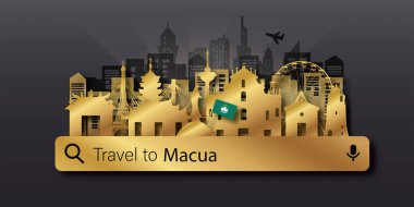 Macau Travel panorama postcard, poster, tour advertising of world famous landmarks in paper cut style. Vectors illustrations clipart