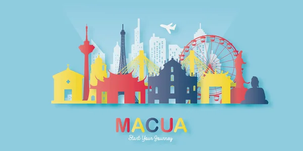 Macau Travel Pocztówka Plakat Reklama Wycieczek Światowej Sławy Zabytków Stylu — Wektor stockowy