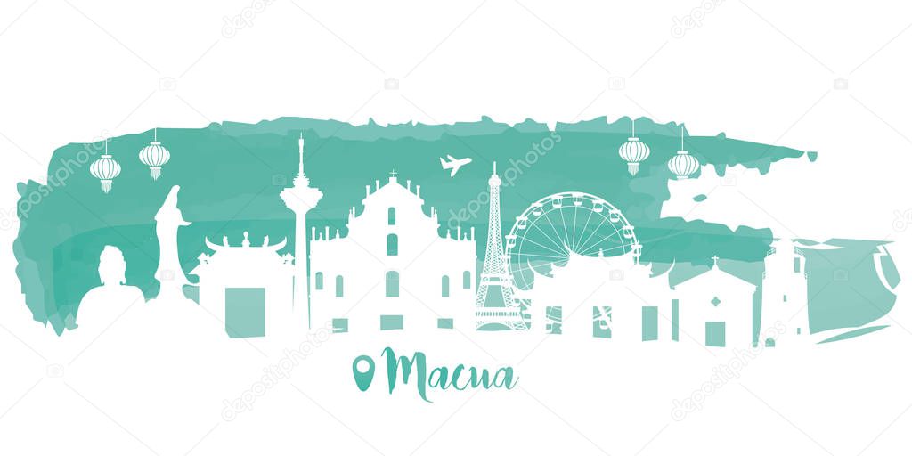 Macau Travel postcard, poster, tour advertising of world famous landmarks in paper cut style. Vectors illustrations