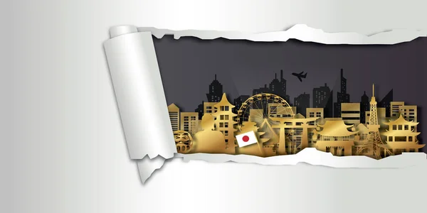 日本旅行はがき ポスター 紙切りで世界的に有名なランドマークのツアー広告 ベクターイラスト — ストックベクタ