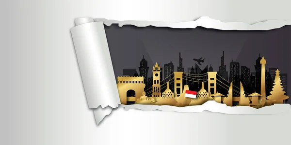 Indonesia Travel Cartolina Poster Tour Pubblicitari Monumenti Fama Mondiale Stile — Vettoriale Stock