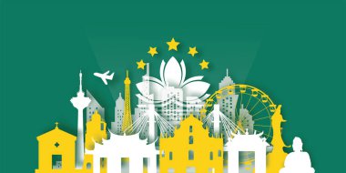 Macau Seyahat kartpostalı, poster, kağıt kesim tarzında dünyaca ünlü simgelerin tanıtım turu. Vektör illüstrasyonları