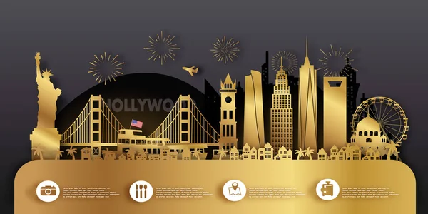 Usa America Gold Travel Ansichtkaart Poster Tour Reclame Van Wereldberoemde — Stockvector
