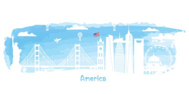ABD Amerika Seyahat kartpostalı, poster, dünyaca ünlü su rengi simgelerinin tanıtım turu. Vektör illüstrasyonları
