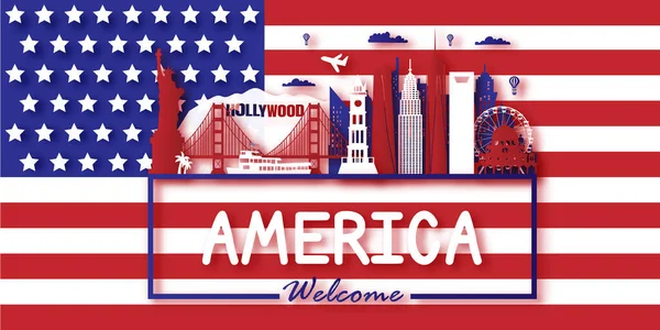 Usa America Reizen Ansichtkaart Poster Tour Reclame Van Wereldberoemde Bezienswaardigheden — Stockvector