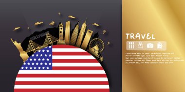 ABD Amerika Seyahat kartpostalı, poster, dünyaca ünlü simgelerin tanıtım turu. Vektör illüstrasyonları