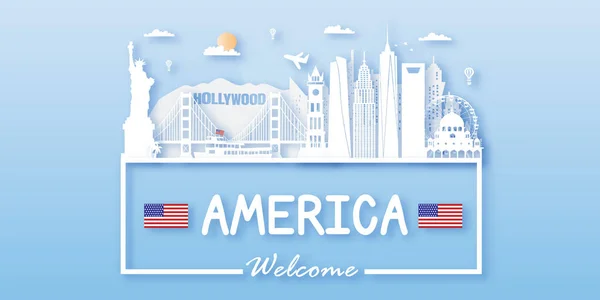 Usa Amerika Reisepostkarte Plakat Tourwerbung Für Weltberühmte Sehenswürdigkeiten Vektorillustrationen — Stockvektor