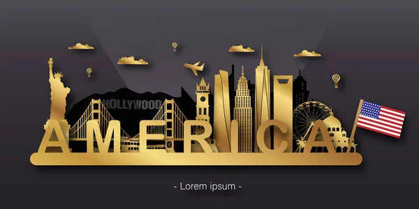Usa Amerika Cestovní Pohlednice Plakát Turistická Reklama Světově Proslulé Památky — Stockový vektor