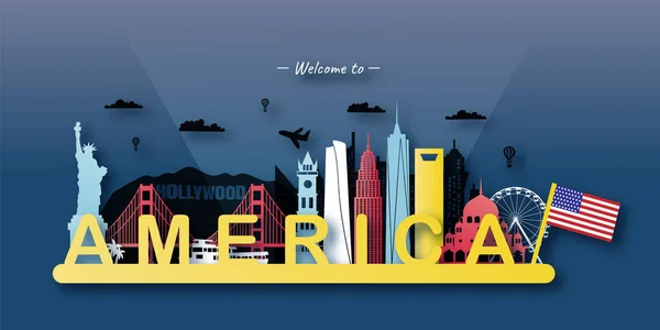 Usa Amerika Reisepostkarte Plakat Tourwerbung Für Weltberühmte Sehenswürdigkeiten Vektorillustrationen — Stockvektor