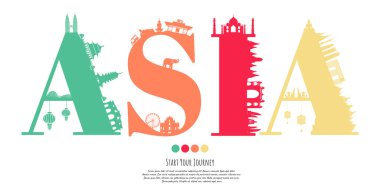 Asia Landmarks Seyahat kartpostalı, poster, dünyaca ünlü simgelerin tanıtımı. Vektör illüstrasyonları