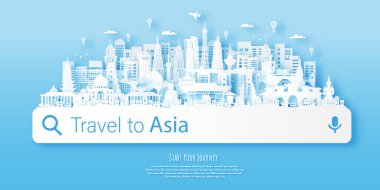 Asia Landmarks Seyahat kartpostalı, poster, dünyaca ünlü simgelerin tanıtımı. Vektör illüstrasyonları