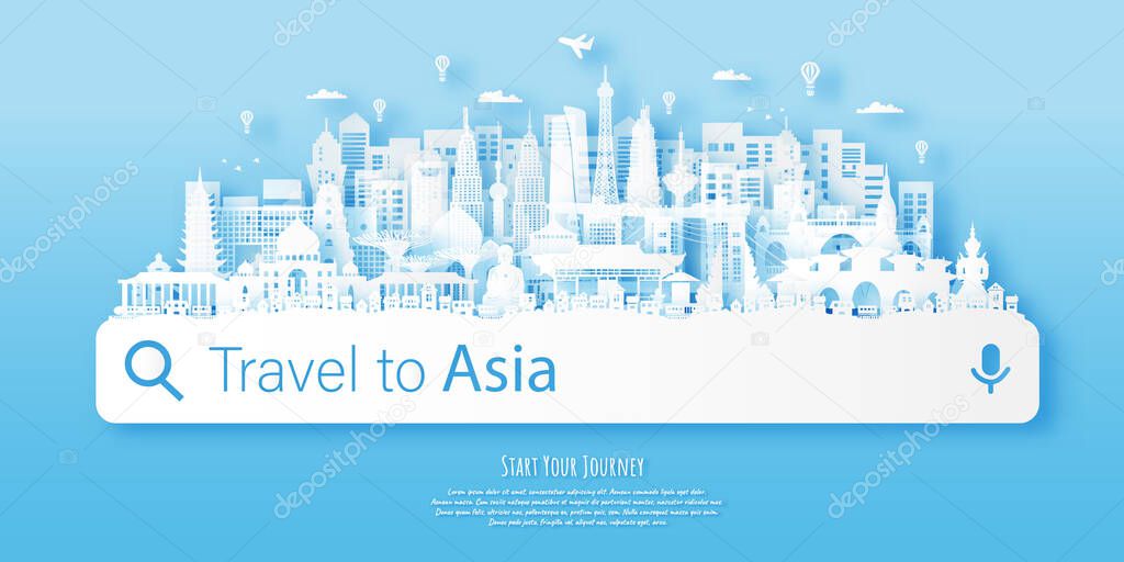 Asia Landmarks Travel postcard, poster, tour advertising of world famous landmarks. Vectors illustrations