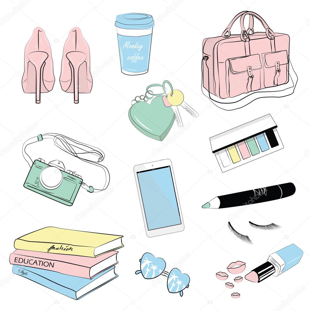 Vector illustration of woman accessories set. Hand-drown objects