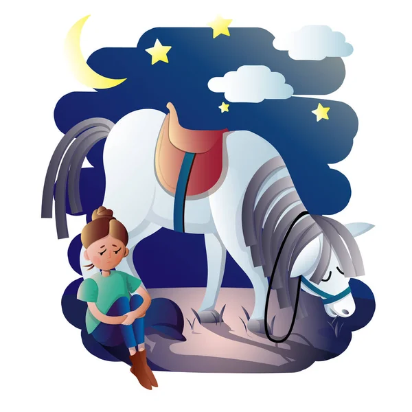 Genç bir kızın bir atla yürüyüşünün resmi.