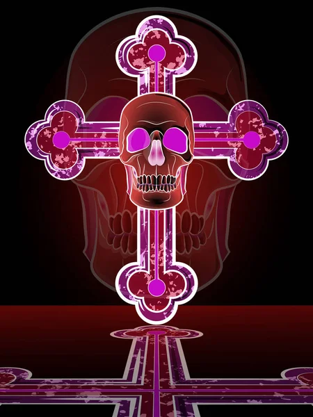 Dark Illustration Human Skull Crystal Cross Print — ストックベクタ