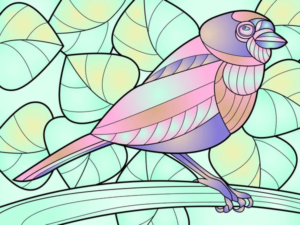葉やステンドグラスを背景にした熱帯鳥のイラストです — ストックベクタ