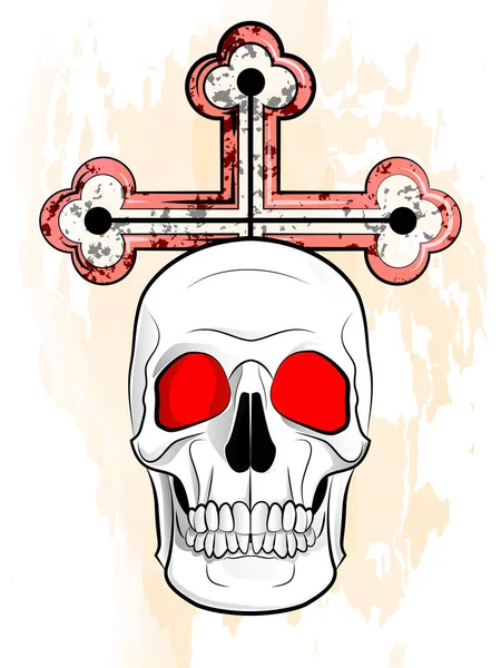 Abbildung Des Menschlichen Schädels Mit Kreuz Auf Strukturiertem Hintergrund — Stockvektor
