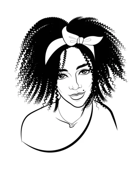Siyah beyaz baskı Afrika saç stili güzel bir kızı tasvir ediyor.