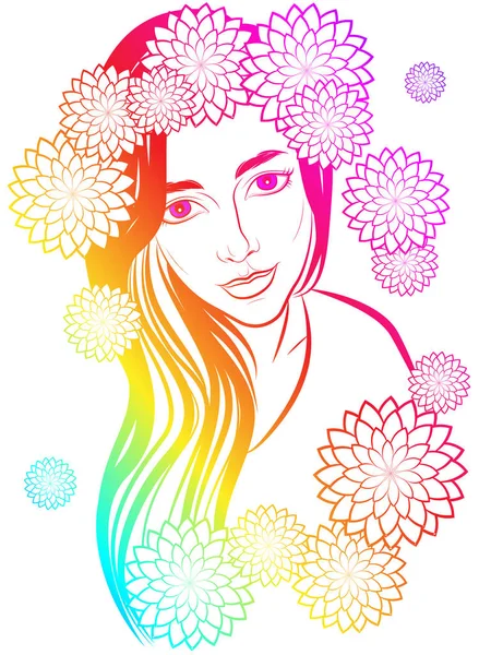 Kasımpatı çiçekleri ile süslenmiş uzun saçlı güzel bir kız resmi.