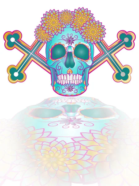 死者の日のメキシコの伝統的な祝日の象徴である十字架のついた人間の頭蓋骨の色のイラスト — ストックベクタ