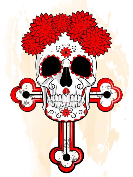テクスチャの背景に十字架を持つ人間の頭蓋骨のイラスト死者の伝統的な休日のシンボル — ストックベクタ