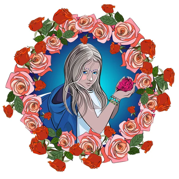  Renkli yuvarlak kompozisyon. Güzel bir kızın portresi. Gül, yuvarlak çiçek çerçeveli.