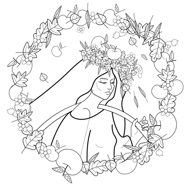 Yaprak, elma ve çiçeklerden oluşan bir çelenk içindeki güzel bir kızın siyah beyaz resmi. Yılın sonbaharını, hasadı temsil eder. Boyama kitabı