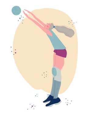 Voleybol oynayan atletik kız. Elle çizilmiş karikatür. Sağlıklı bir yaşam tarzı. Aktif spor.