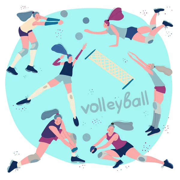 Voleybol oynayan atletik kız. Elle çizilmiş karikatür. Sağlıklı bir yaşam tarzı. Aktif spor.