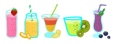  Milkshake ve sulu meyveli bardak şeklinde elementler. Çizgi film tarzında elle çizilmiş. İzole elementler.