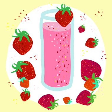 Çilekli kokteylli el yapımı cam. Çilek şeklinde izole bir element. Çizgi film biçiminde etiketle.