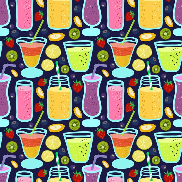  Kokteyller ve karikatür tarzında sulu meyveler içeren parlak, pürüzsüz bir desen. Kumaş, duvar kağıdı ve ambalaj kağıdı için dekor.