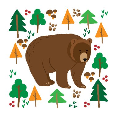  Biçimlendirilmiş orman arka planına karşı kahverengi ayının renk çizimi. Çizgi film tarzı. Çocuk ürünlerinin dekorasyonu için, tişörtler, kartpostallar, afişler için..