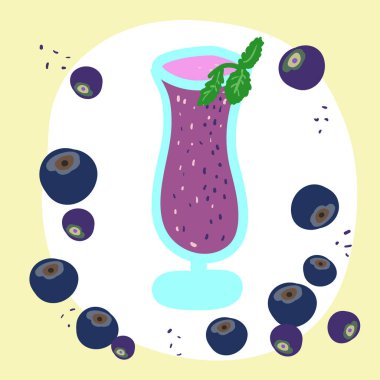 Cam bardaktaki yabanmersinli buzlu içeceğin parlak çizimi. Çizgi film tarzında elle çizilmiş bir resim. İzole elementler.