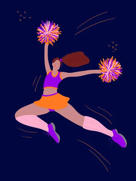 Spor kızı ponpon kız imajı olan renk çizimi. Spor yaşam tarzı, çizgi film tarzında elle çizilmiş bir çizim..